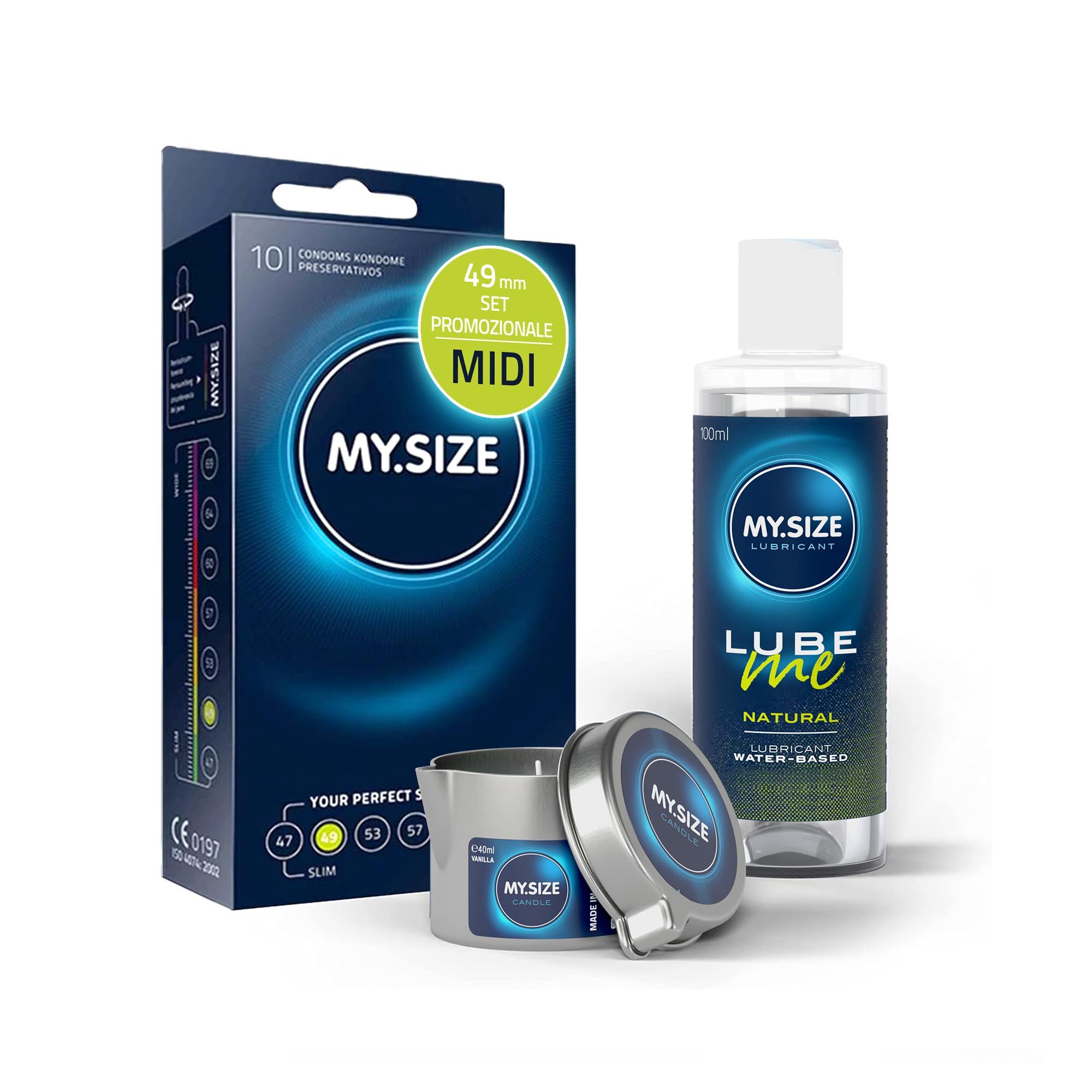 MY.SIZE PRO Preservativi + LUBE ME Natural + Body Candle Set