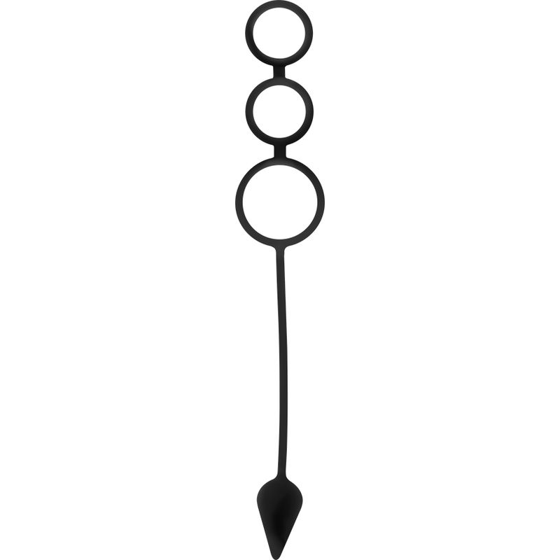 Prodotto in silicone nero con tre anelli e un'estremità conica. Vista verticale.