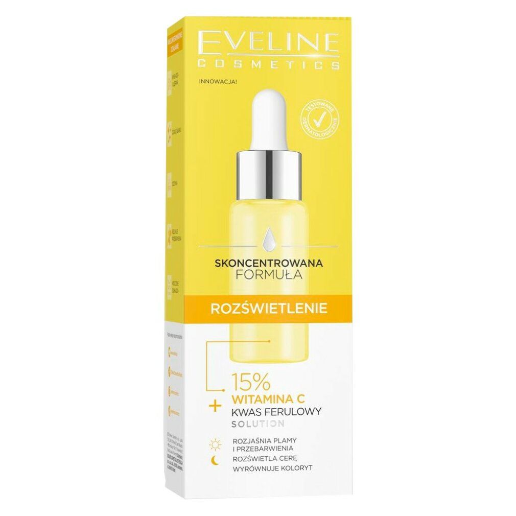 Confezione gialla con flacone di siero. Scritta: Eveline Cosmetics, Skoncentrowana Formuła, Rozświetlenie, 15% Witamin C + Kwas Ferulowy.