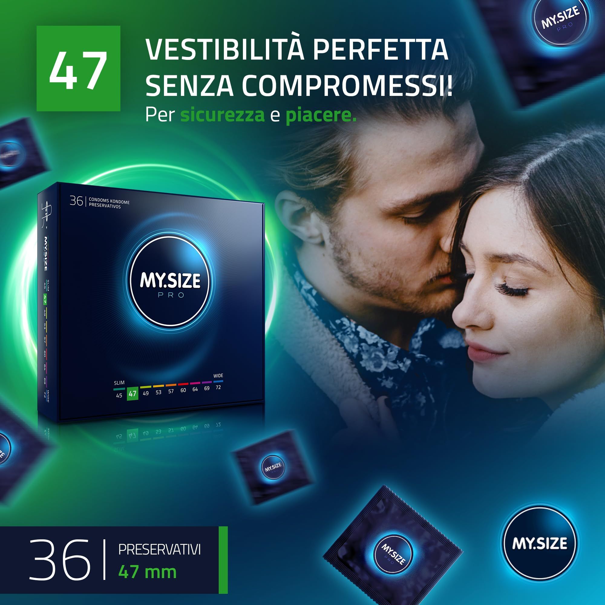 Preservativi MY.SIZE PRO 36 pezzi 47mm confezione con coppia sullo sfondo.