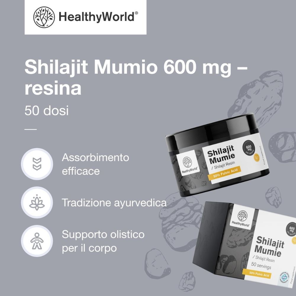 Confezione e barattolo del prodotto. Testo: Shilajit Mumio 600 mg - resina. Marchio: HealthyWorld. Testo: 50 dosi.