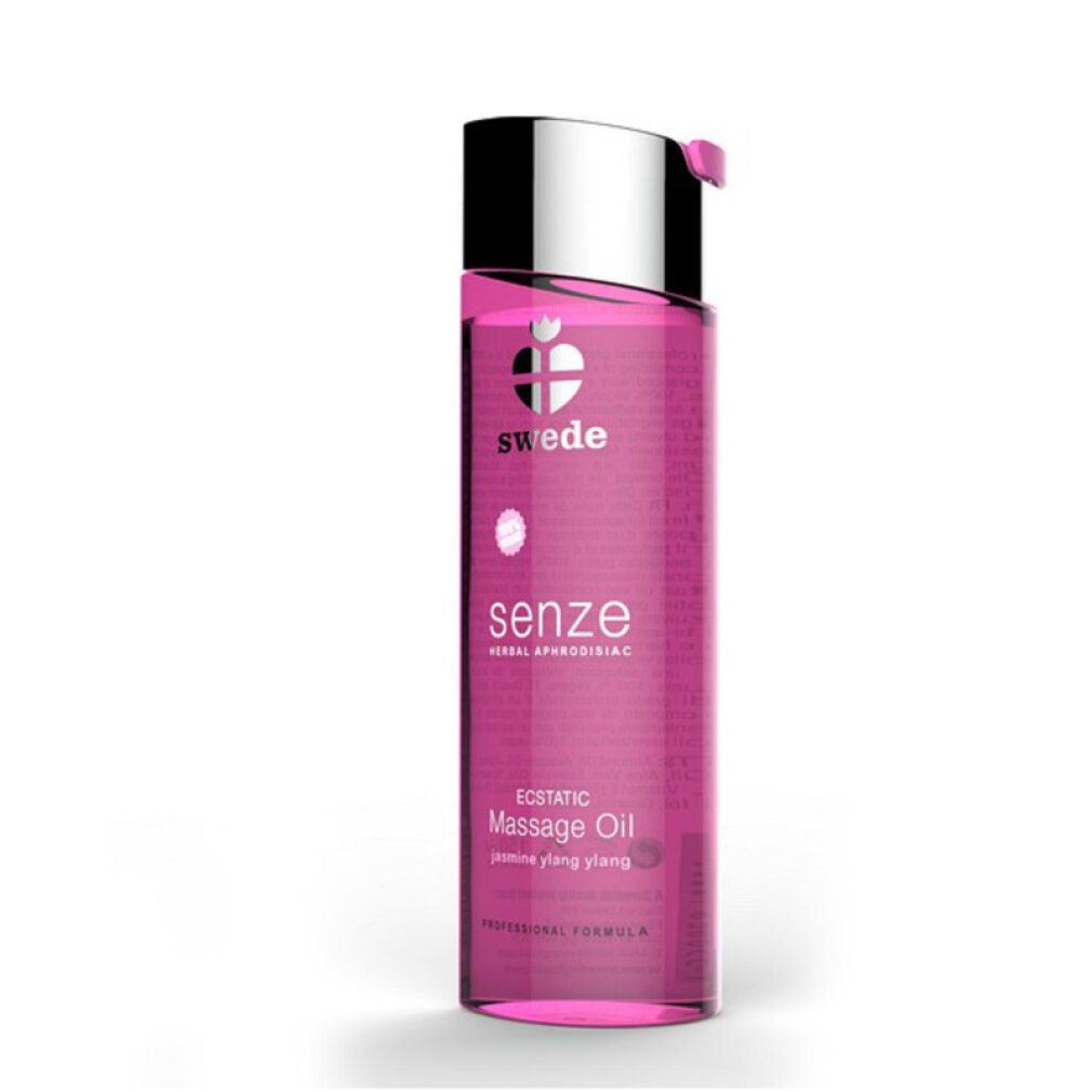 Flacone rosa con tappo argentato. Scritte: swede, senze, Massage Oil. Contiene gelsomino, ylang-ylang e neroli.