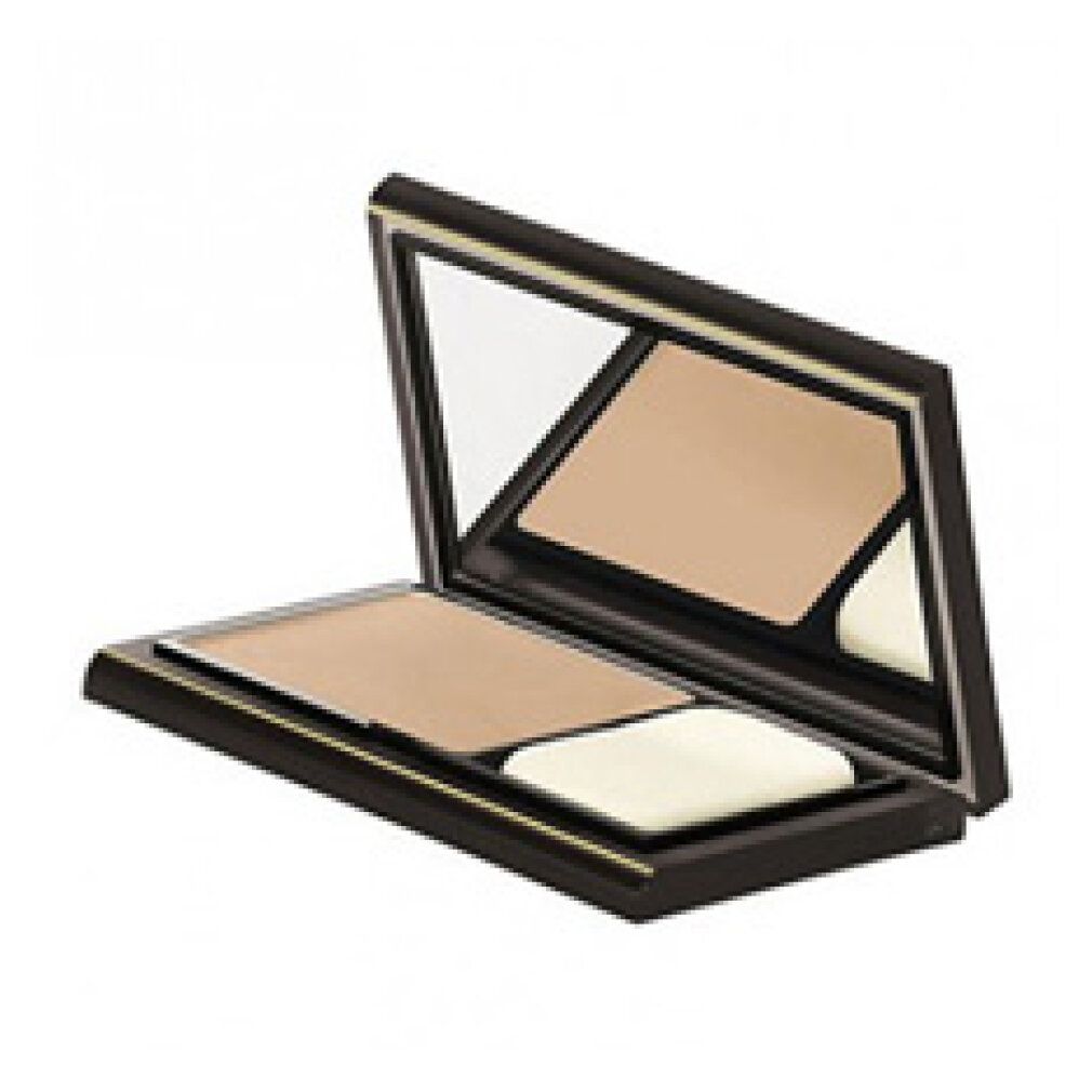 Confezione compatta nera con specchio, cipria e spugnetta.