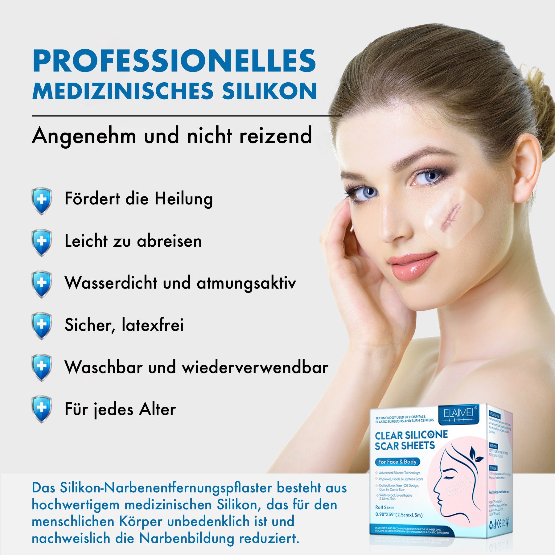 Donna con cerotto sulla guancia. Testo: Silicone medico professionale. ELAIMEI Clear Silicone Scar Sheets. Confezione del prodotto.