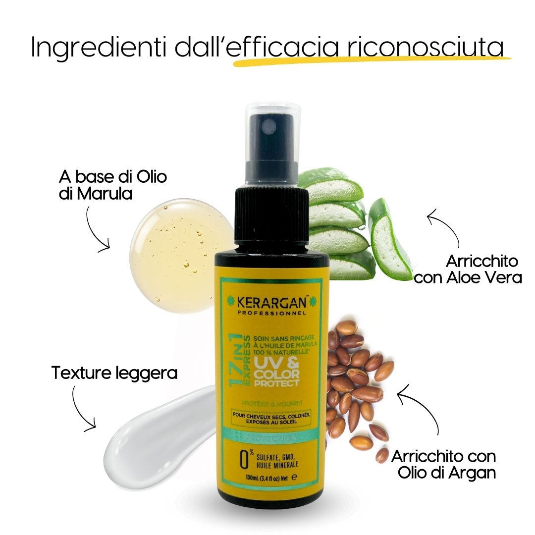 Kerargan UV & Color Protect. Flacone spray. Ingredienti: Olio di Marula, Aloe Vera, Olio di Argan. Testo.