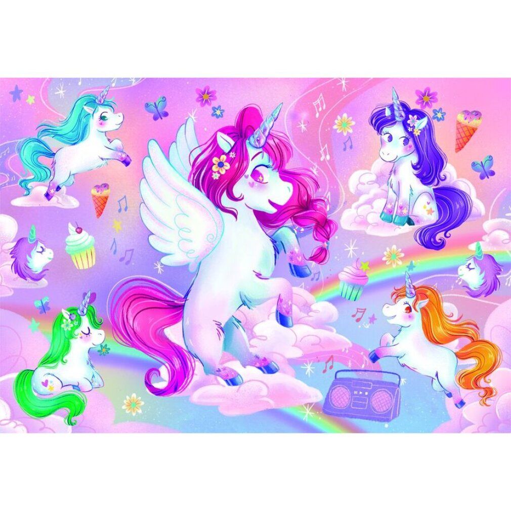 Puzzle con unicorni, arcobaleno e nuvole. Diversi unicorni con ali e criniere colorate. Fiori e note musicali.