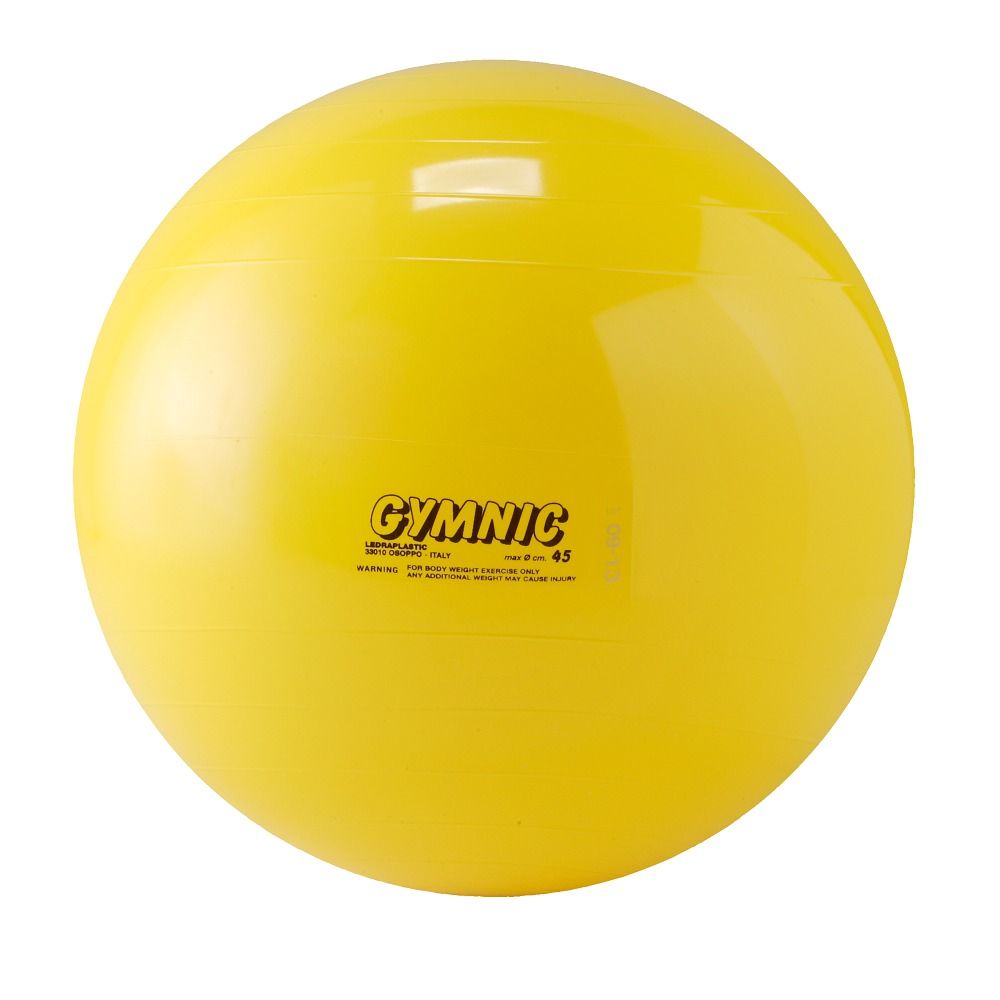 Un pallone da ginnastica giallo con la scritta "GYMNIC".