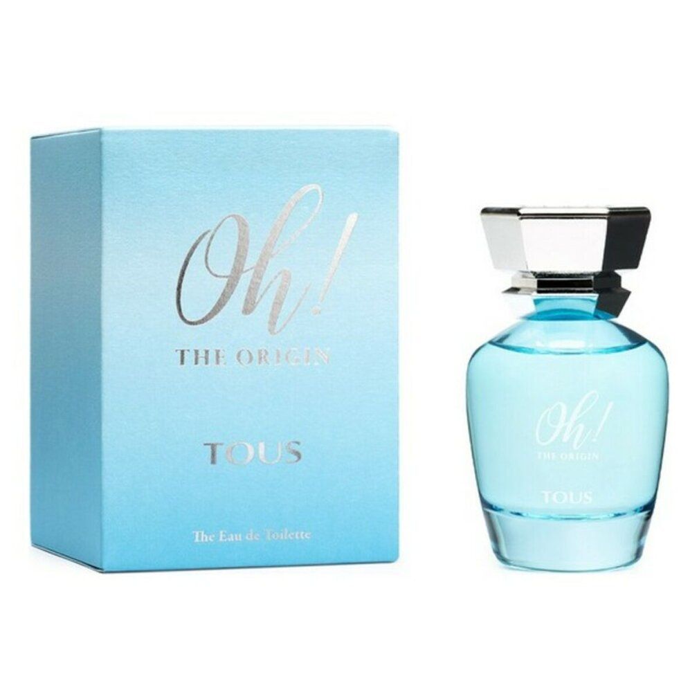 Eau de toilette azzurra con scatola abbinata. "Oh! The Origin" e "TOUS" sono scritti sulla bottiglia e sulla scatola.
