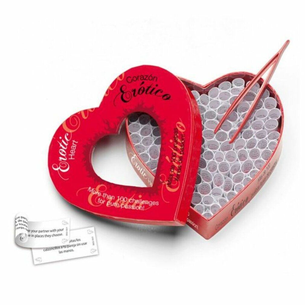 Scatola rossa a forma di cuore con scritta 'Corazón Erótico'. Contiene molti piccoli fogli arrotolati e una pinzetta.