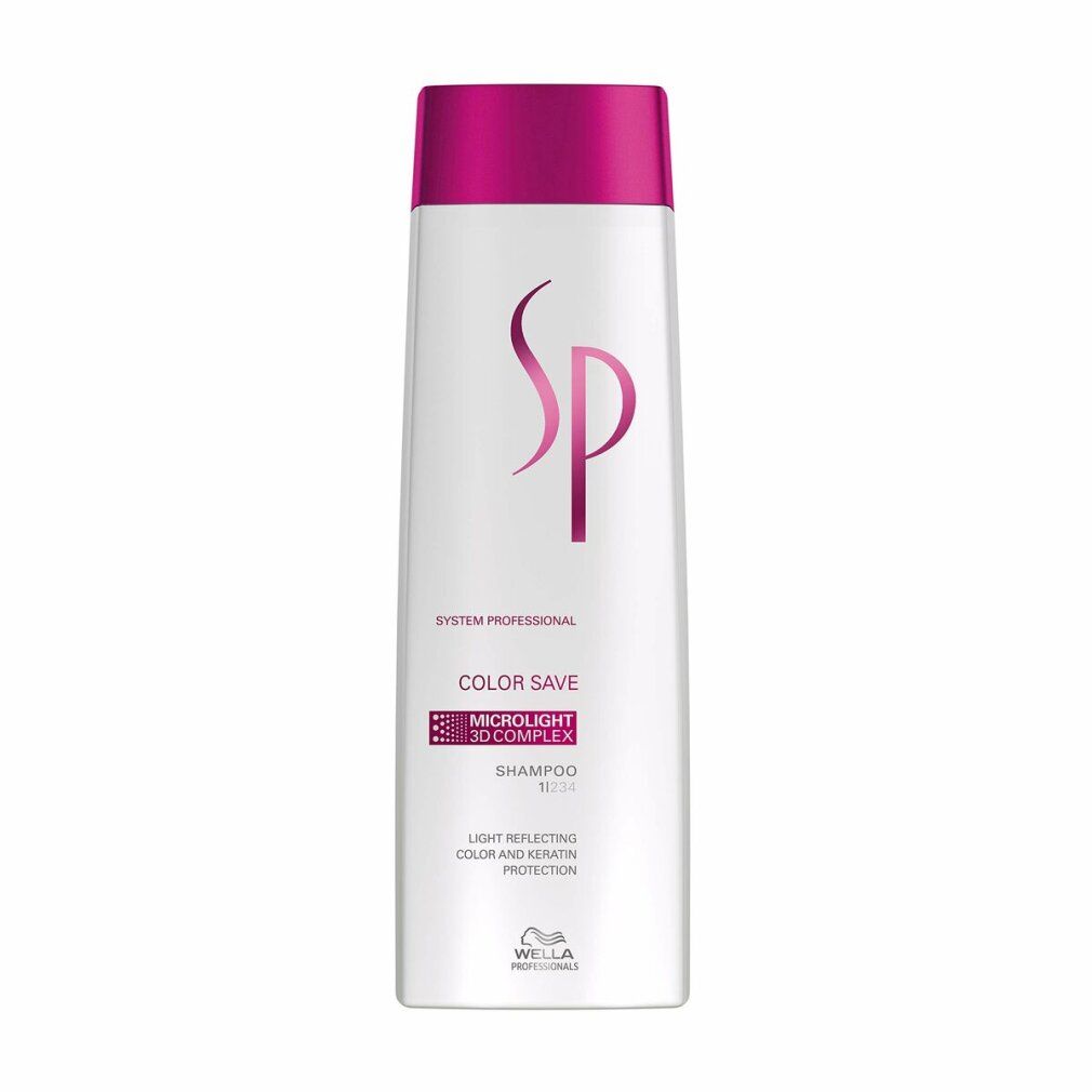 Shampoo bianco con tappo rosa. Scritta SP, Color Save e 3D Complex. Logo Wella.