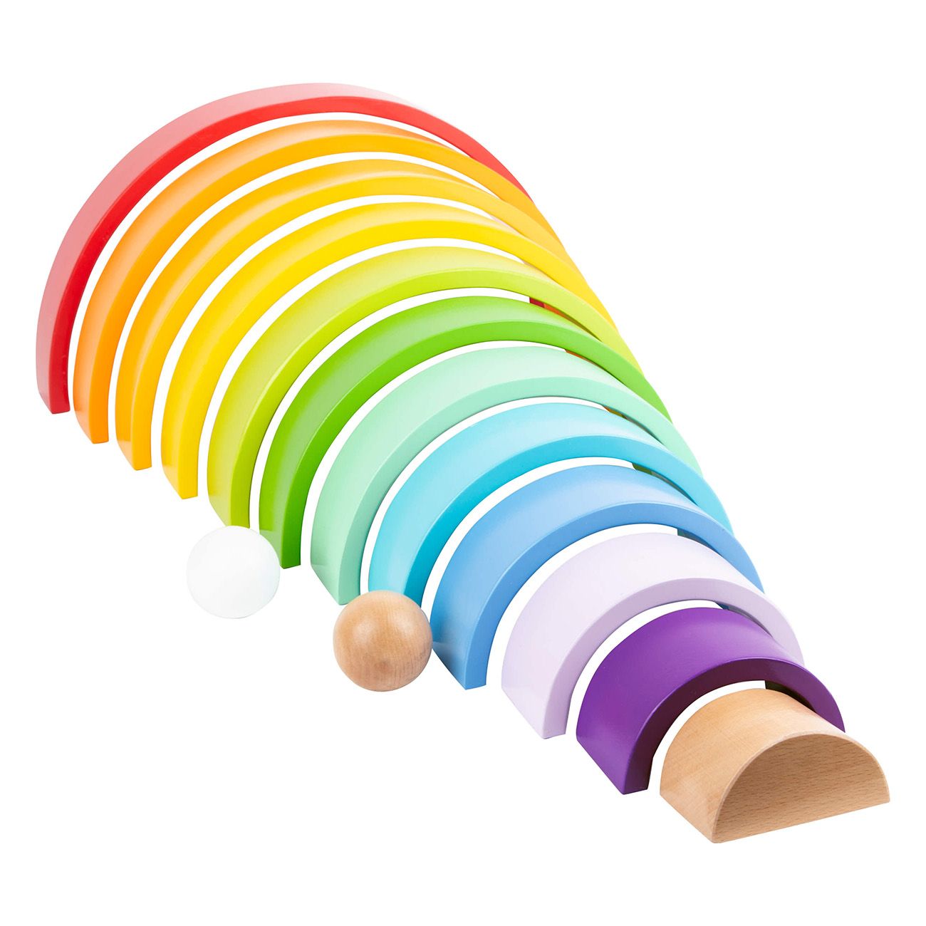 Blocchi di legno ad arco multicolore. Include due sfere. Blocchi di varie dimensioni e colori.