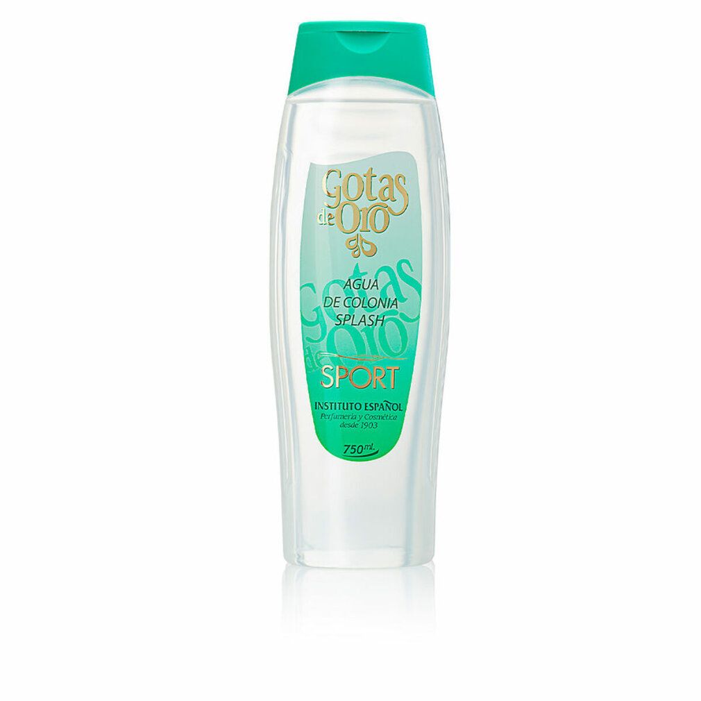 Flacone trasparente con tappo verde. Scritta: Gocce d'Oro Sport. Etichetta verde-oro con testo. 750 ml.