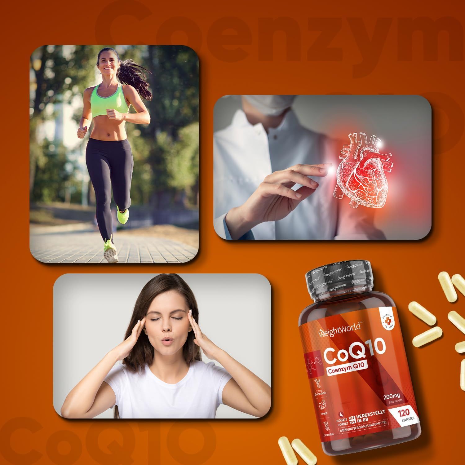 Immagini di donna che corre, illustrazione del cuore, donna con mal di testa. Flacone di capsule CoQ10 e capsule sfuse.