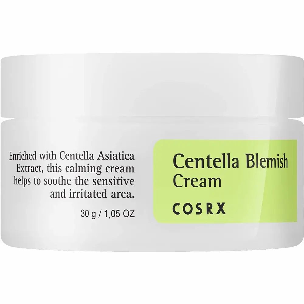 Vasetto con crema. Scritta: Centella Blemish Cream, COSRX. Etichetta verde e bianca. Testo: 30 g / 1,05 OZ.