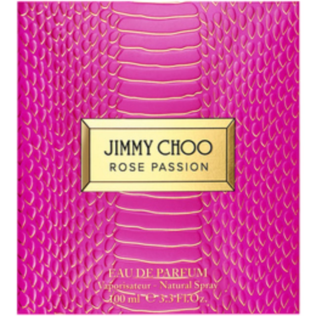 Scatola rosa con scritta dorata: Jimmy Choo Rose Passion. Scatola con motivo a pelle di serpente.