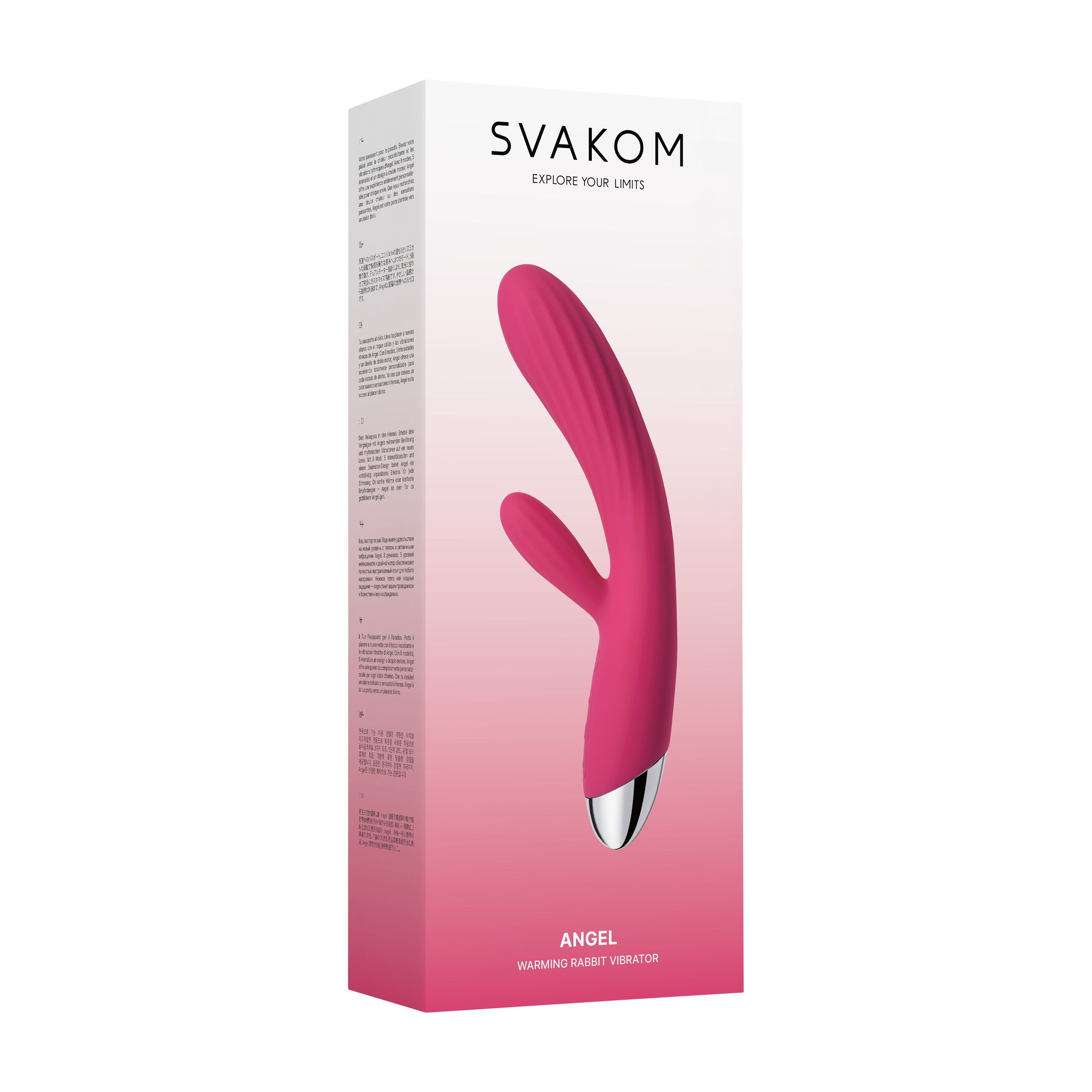 Confezione con vibratore rosa. Marchio SVAKOM. Testo: ANGEL, Warming Rabbit Vibrator.