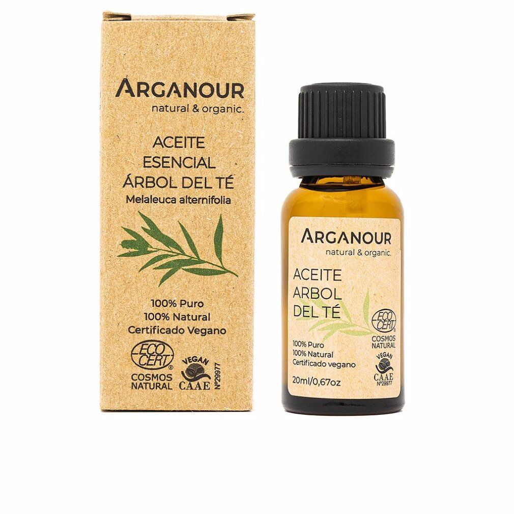Flacone e scatola in vetro marrone. Scritta: Arganour, Aceite Esencial Árbol del Té. 100% Puro. Certificato Vegan. Cosmos Natural.
