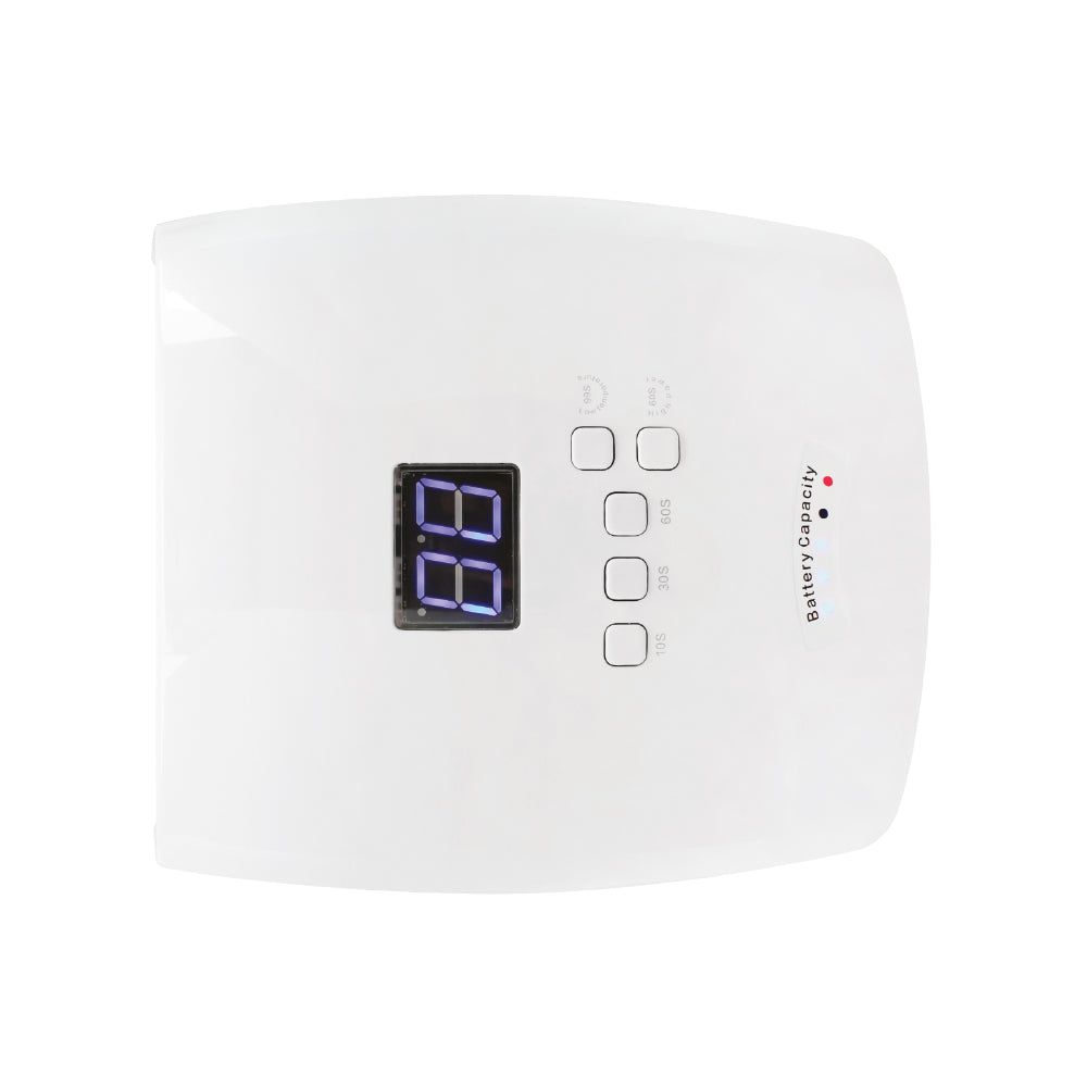 Lampada LED bianca per unghie con display digitale e pulsanti di controllo. Mostra un'indicazione di tempo. Scritta "Battery Capacity".