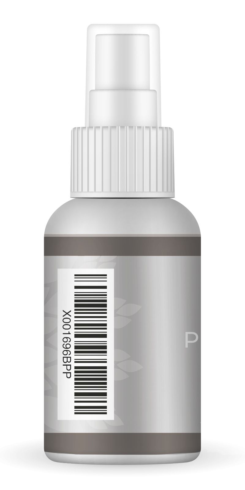 Flacone spray con etichetta con codice a barre. L'etichetta riporta "X001696BPP". La bottiglia è grigia e bianca.