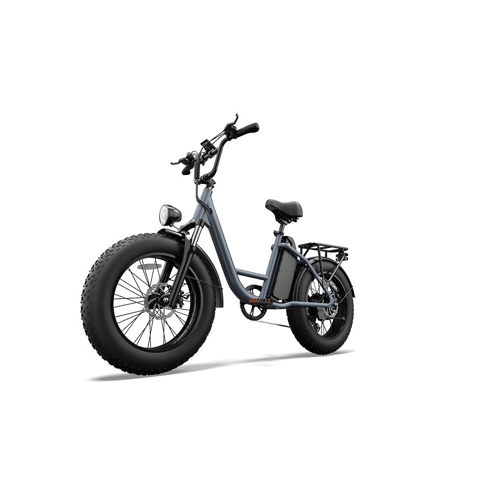 Bicicletta elettrica grigia con pneumatici larghi, portapacchi e faro. Vista laterale.