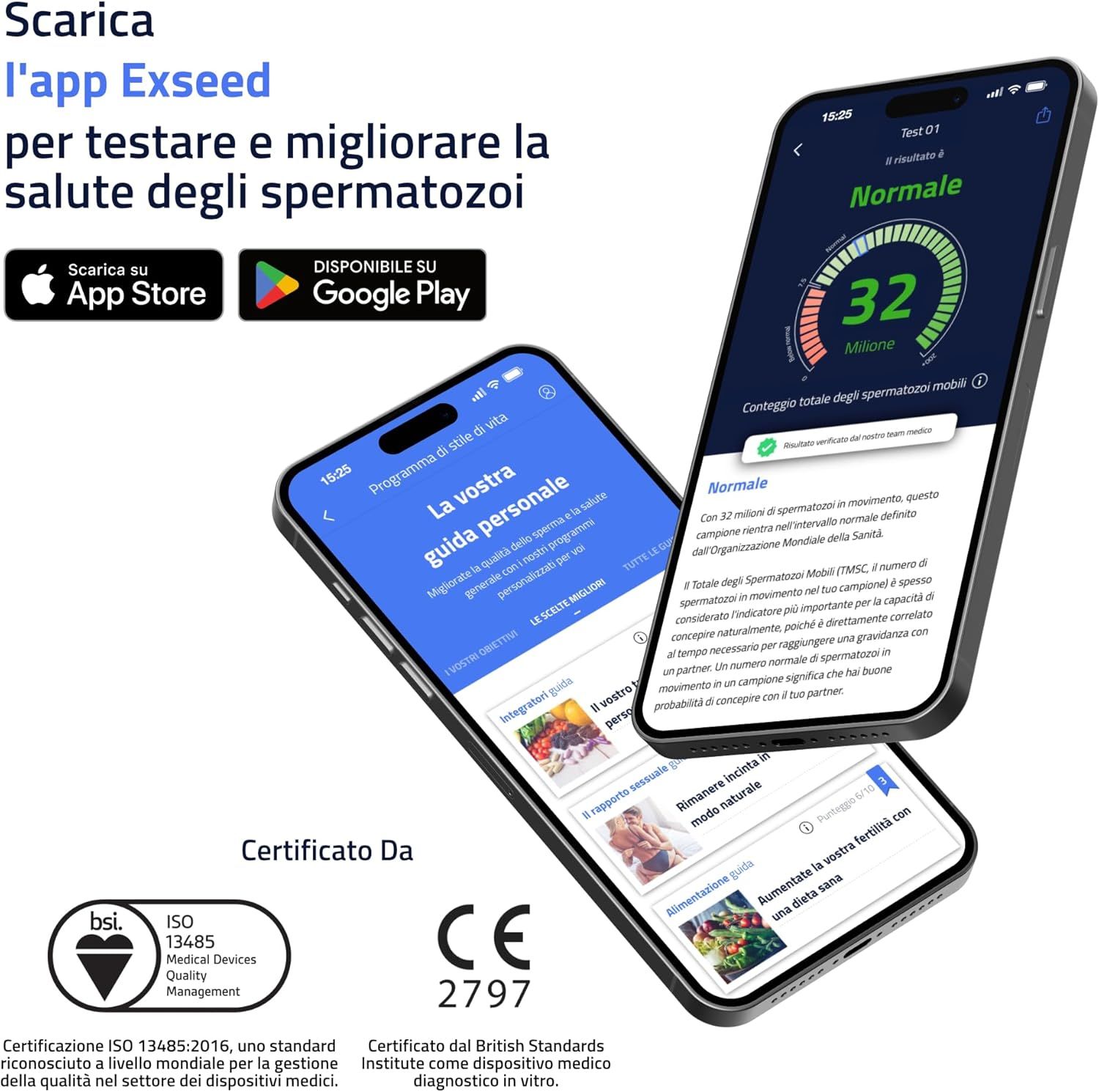 Due smartphone con display dell'app. Testo: Scarica l'app ExSeed. Loghi App Store e Google Play.