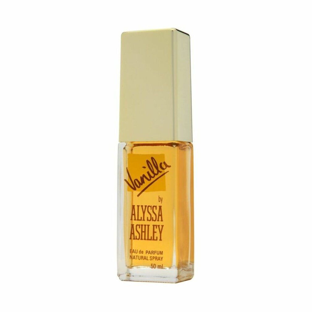 Alyssa Ashley Vanilla Eau de Parfum Natural Spray. Flacone quadrato con tappo dorato. Scritta: Vanilla by Alyssa Ashley. 50 ml.