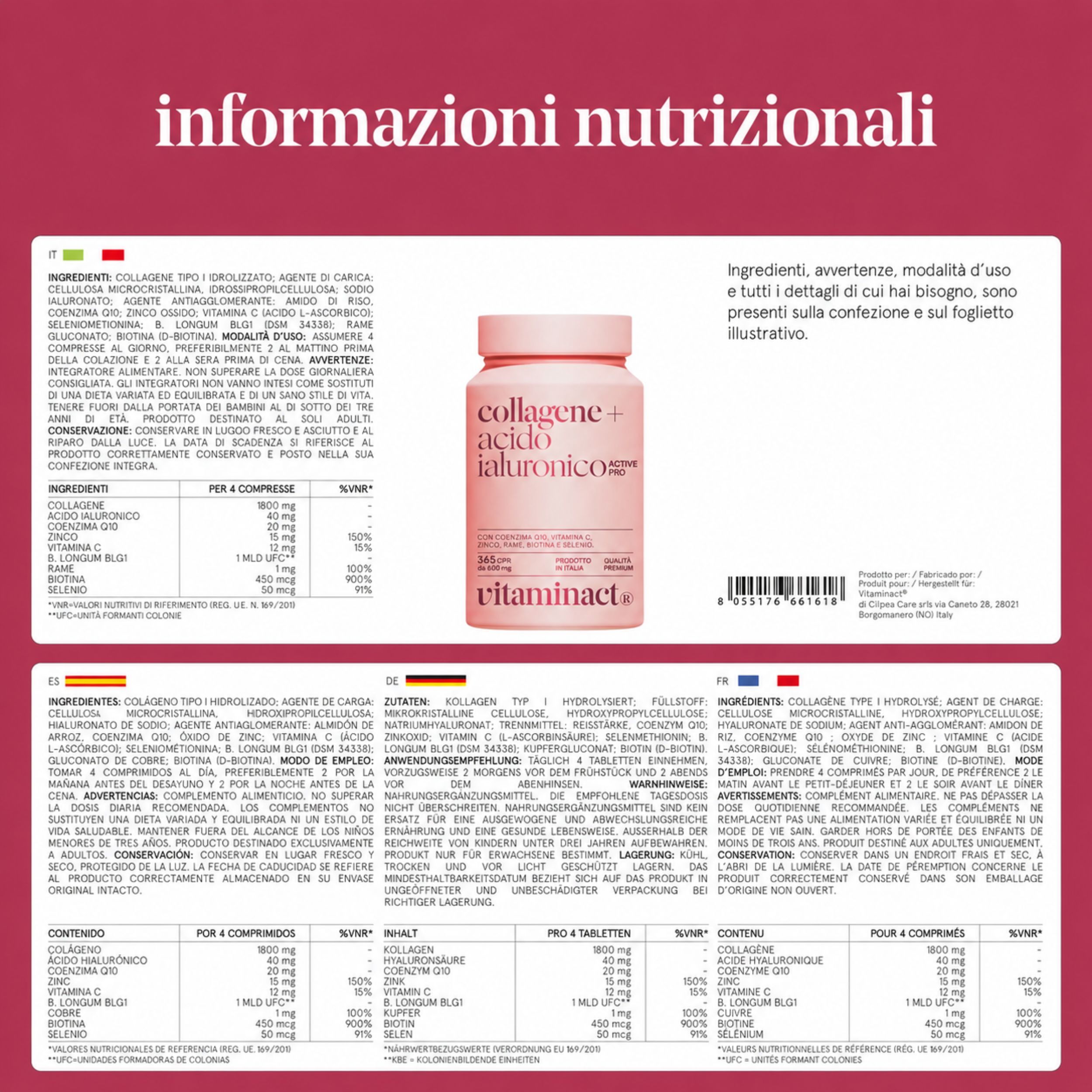 Informazioni nutrizionali per integratori di collagene e acido ialuronico. Flacone e tabella.