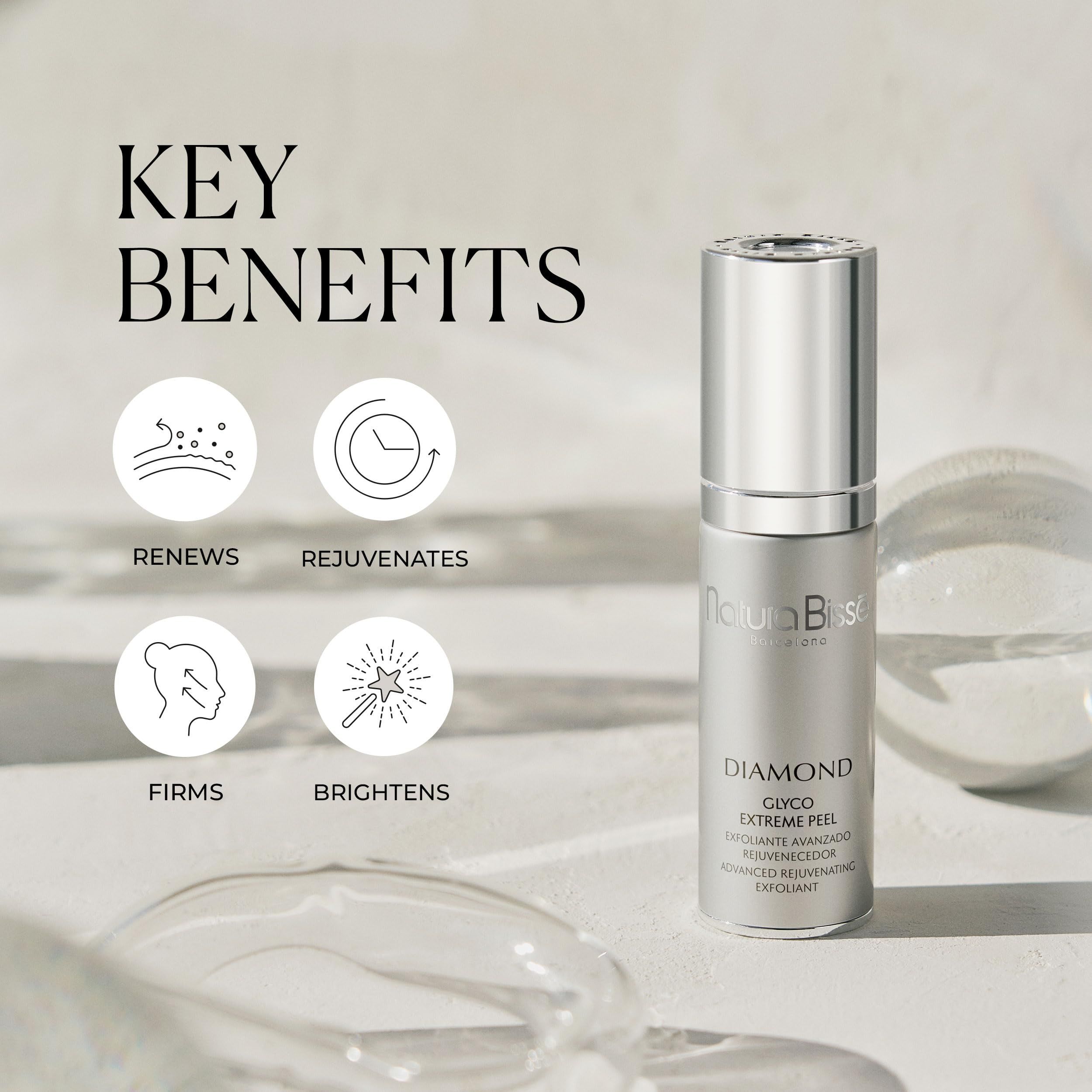 Flacone di prodotto accanto a grafici. Testo: Key Benefits, Renew, Rejuvenates, Firms, Brightens. Prodotto: Natura Bissé, Diamond, Glyco Extreme Peel.