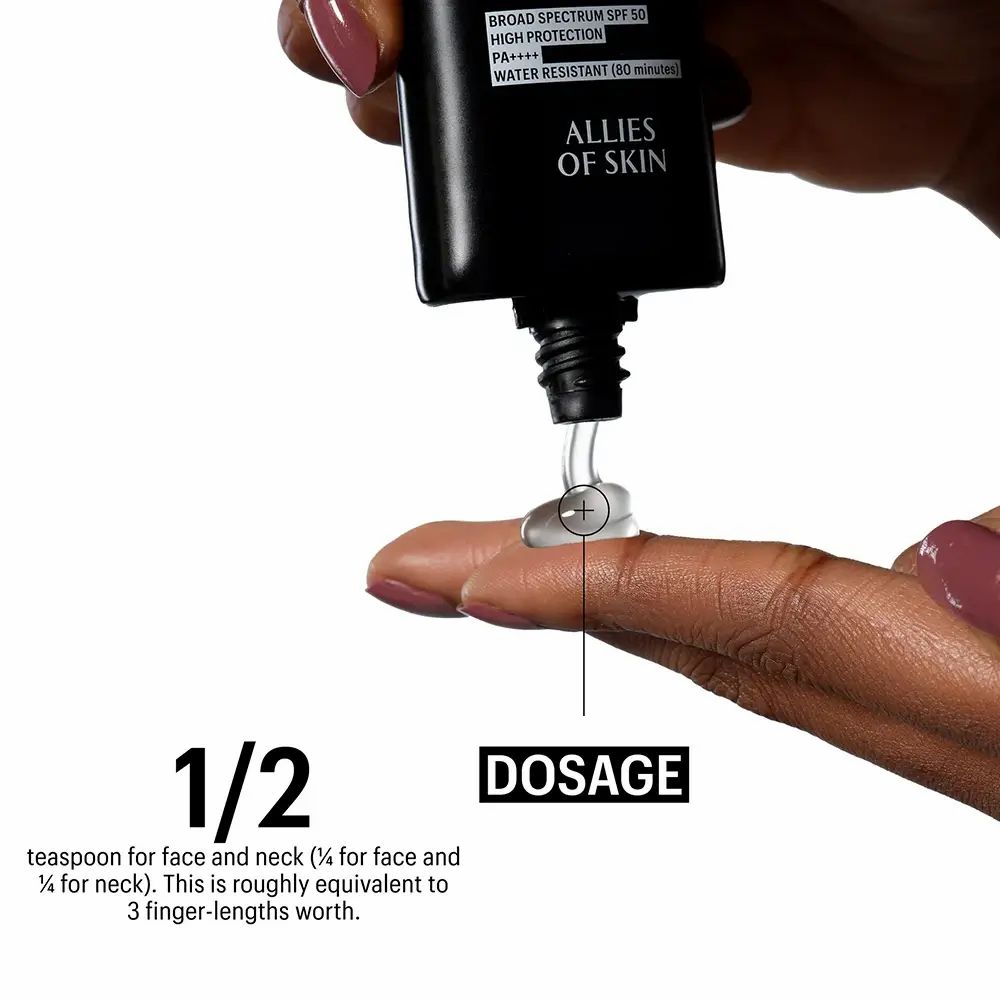 Mano che preme il gel da un tubo nero. Testo: 1/2 DOSAGE, equivale a circa 3 lunghezze di dita.