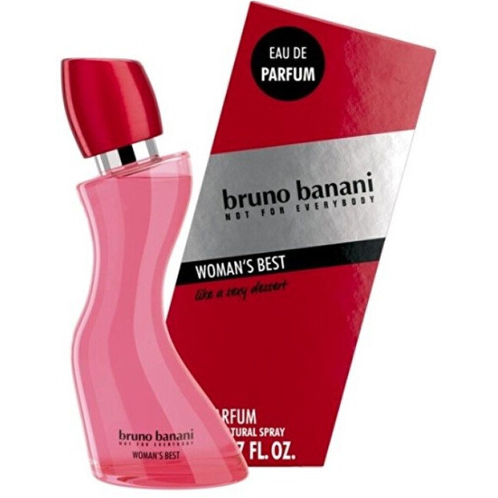 Flacone rosa con tappo rosso e confezione rossa. Scritta: Bruno Banani Woman's Best Eau de Parfum.