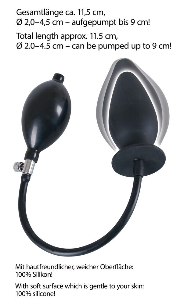 Plug anale gonfiabile in silicone. Plug nero, pompa e tubo. Testo: Lunghezza totale ca. 11,5 cm.