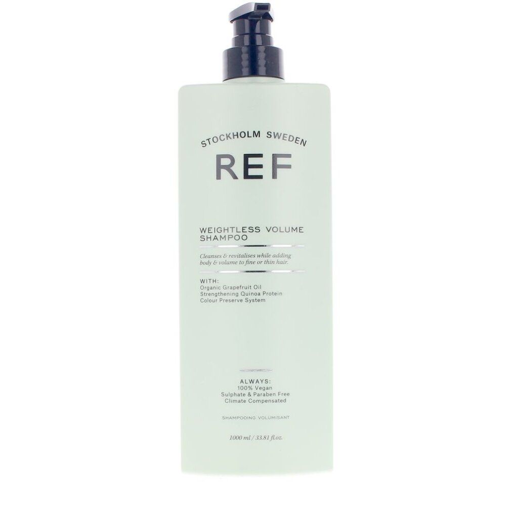 Flacone di shampoo verde con dosatore nero. Scritta: REF WEIGHTLESS VOLUME SHAMPOO. Testo: Organic Grapefruit Oil, Colour Preserve System.