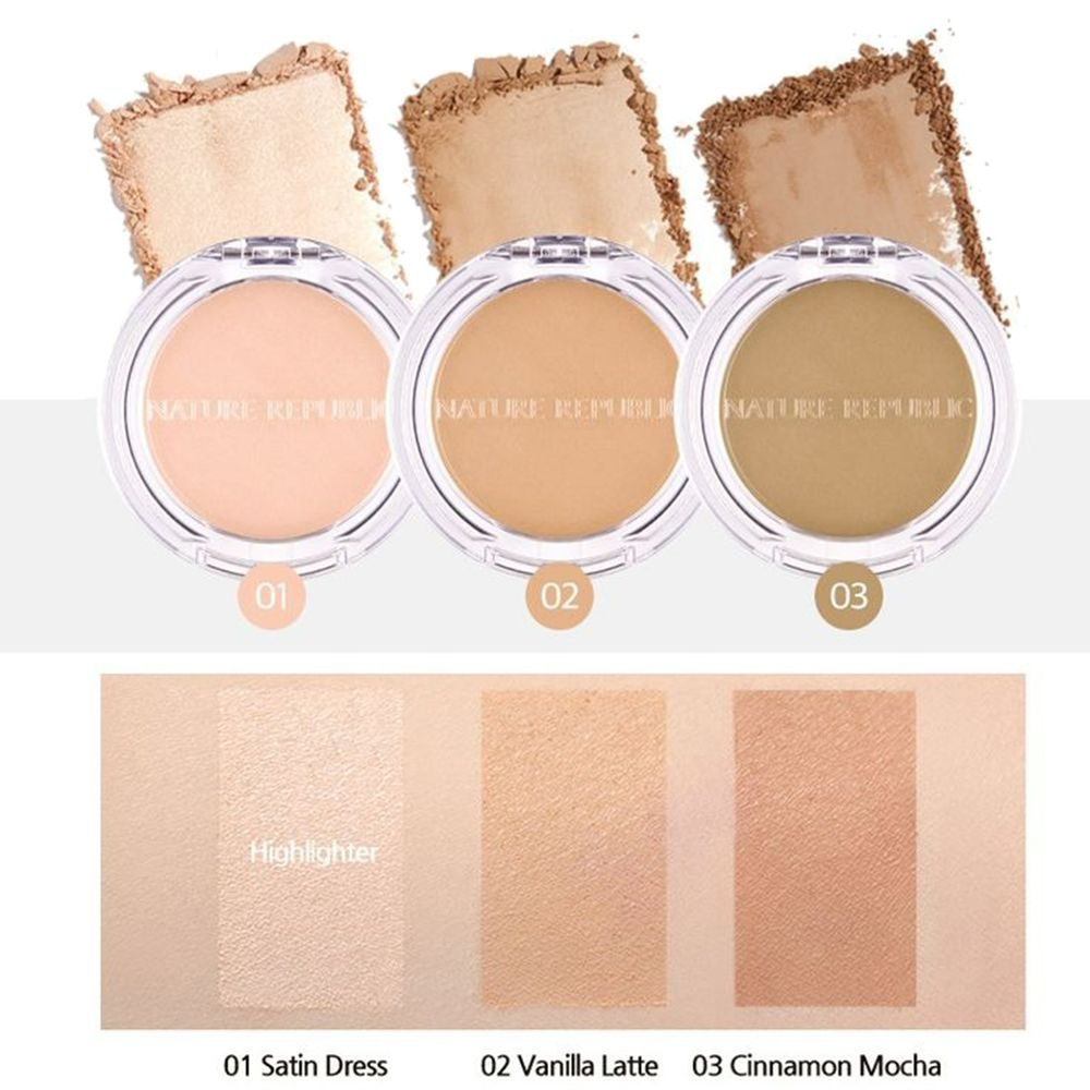 Tre prodotti NATURE REPUBLIC By Flower Contouring Blush. Contenitori rotondi trasparenti. Campioni di colore sotto. Testo: 01, 02, 03.