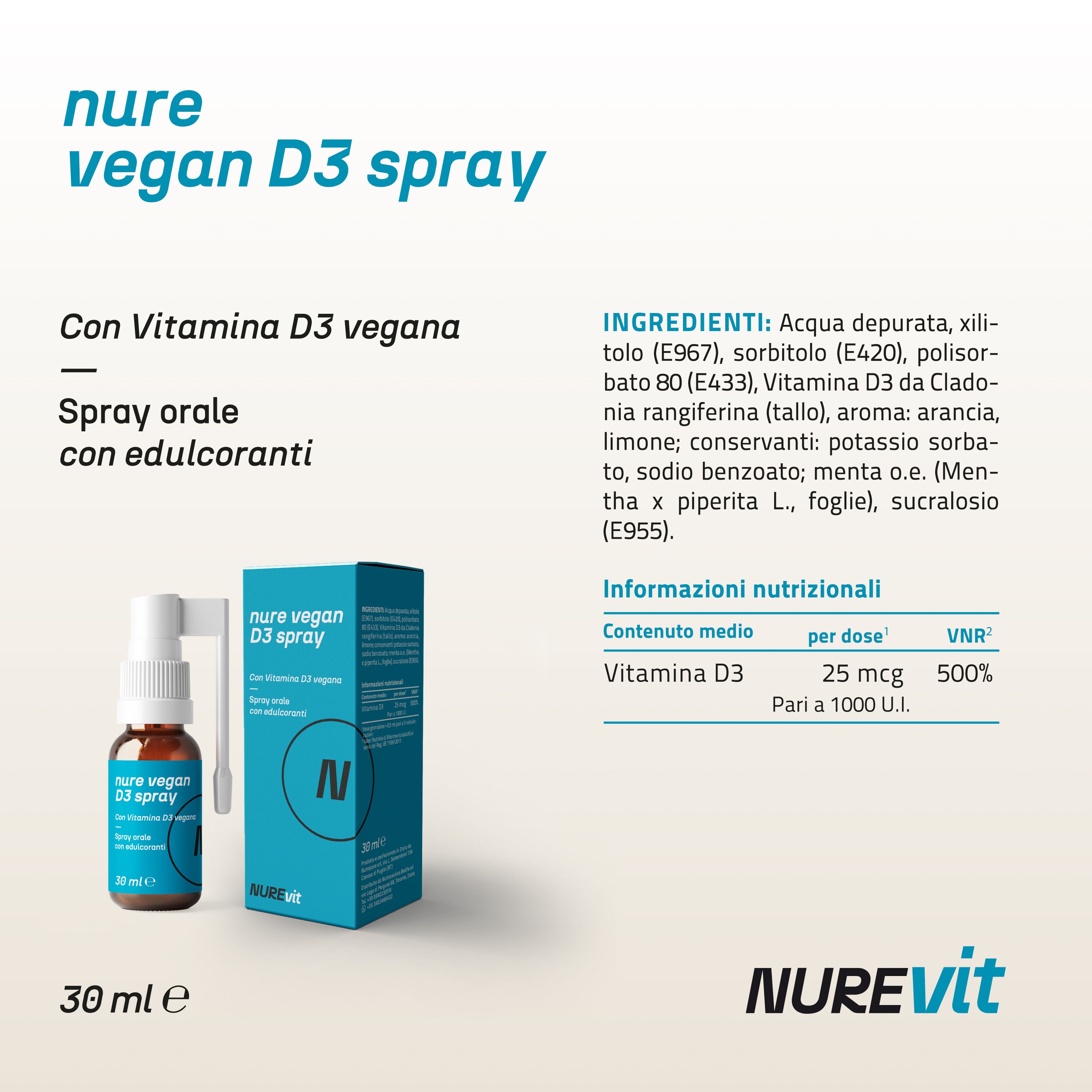 NURE D3 Vegan spray soluzione orale 30 ml | Integratore vitamina d, vitamina d3 vegan