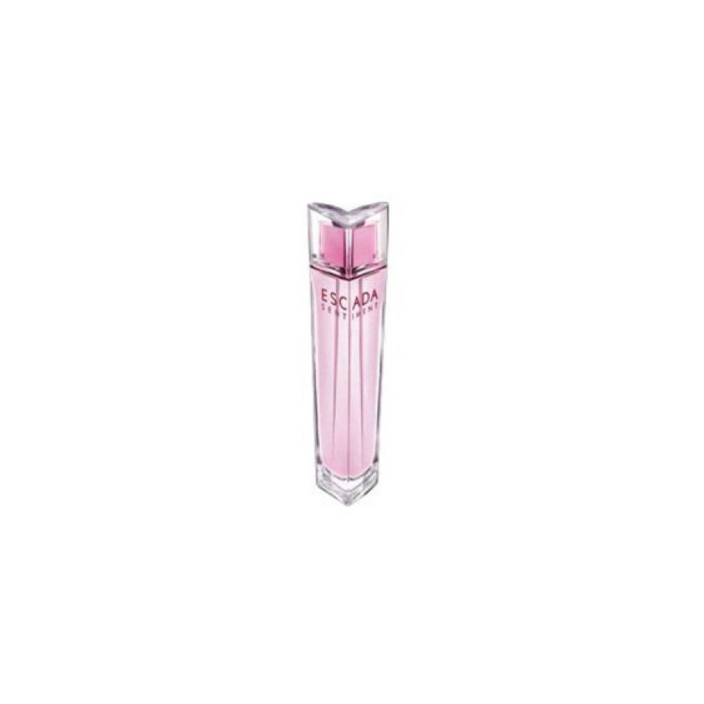 Flacone Escada Sentiment EdT. Liquido rosa nel flacone di vetro. Tappo quadrato.