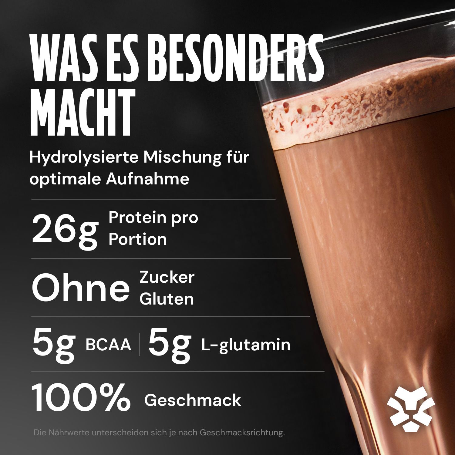 Bicchiere con bevanda al cioccolato. Contiene 26g di proteine per porzione, senza zucchero e glutine. 5g di BCAA e 5g di L-glutammina.
