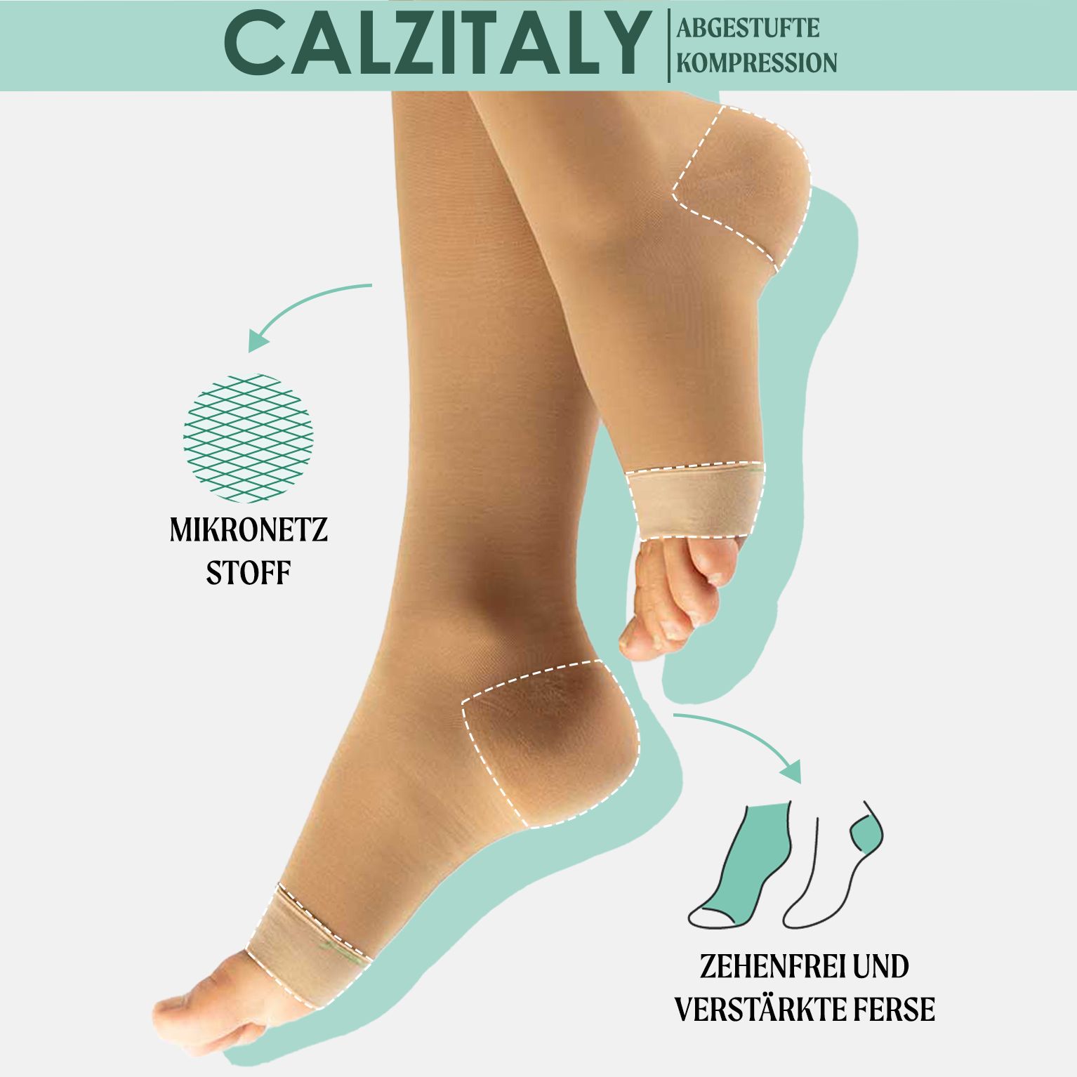 Calze compressive color carne con tessuto a microrete e tallone rinforzato. Senza dita.