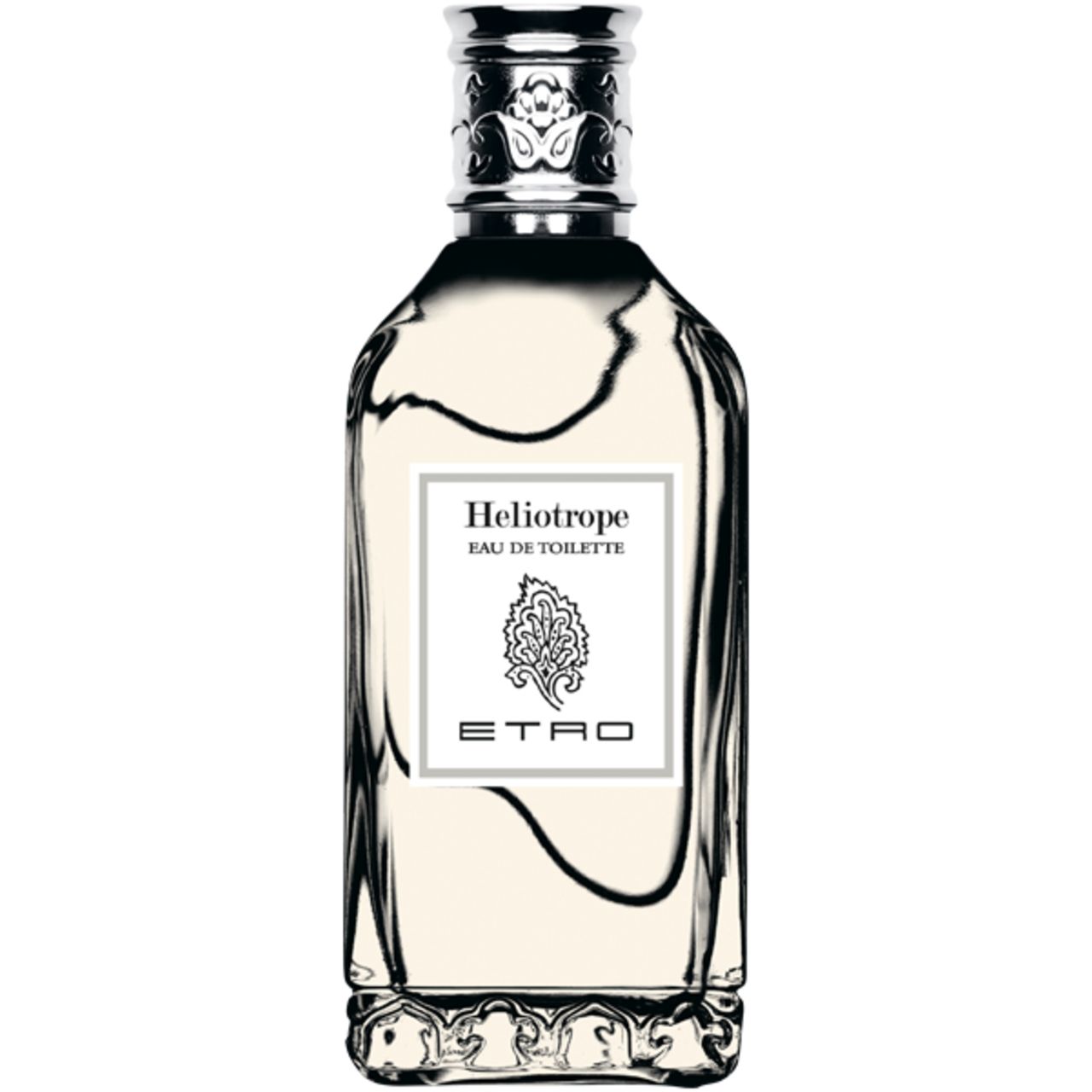 Flacone Heliotrope Eau de Toilette. Forma rettangolare, tappo argentato. Etichetta bianca con logo e testo.