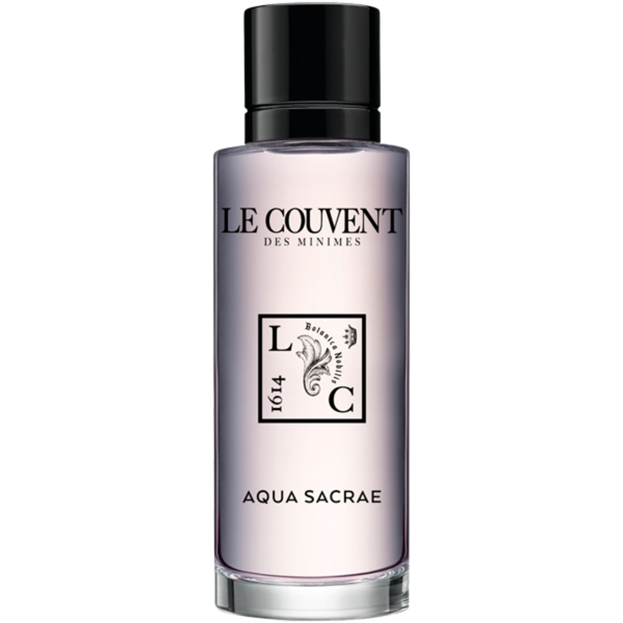 Flacone in vetro con tappo nero. Scritta: Le Couvent, Aqua Sacrae. Logo con elementi floreali e testo.