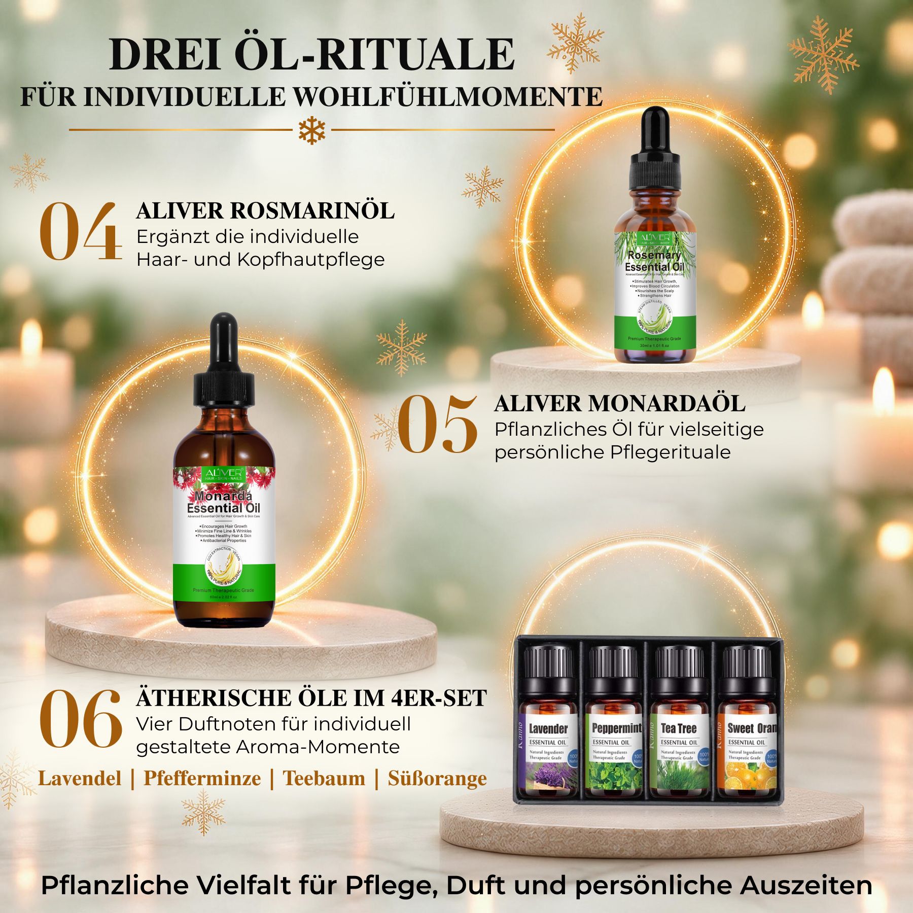 Set di oli essenziali per vari rituali di cura e aroma.