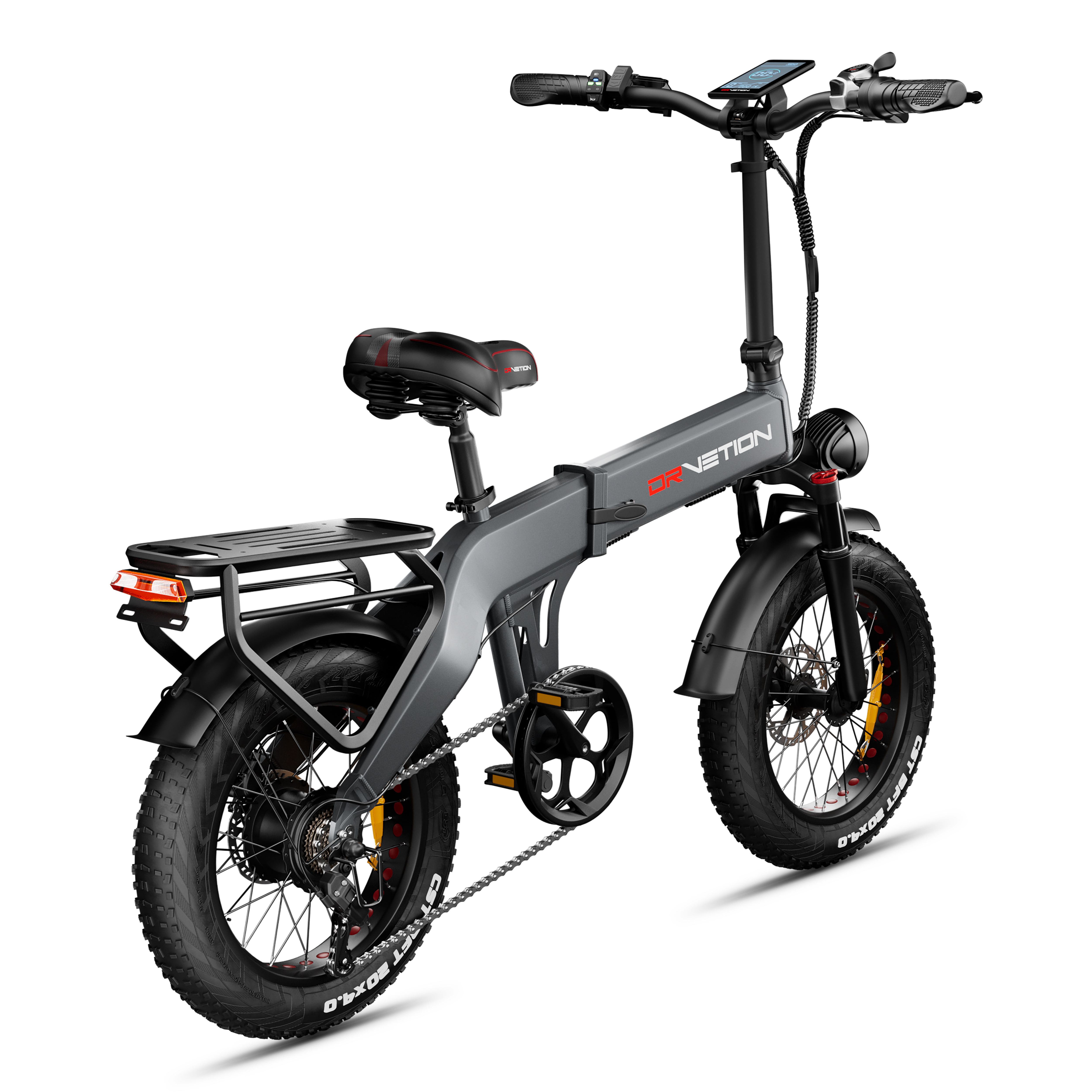 E-bike pieghevole grigia. Pneumatici neri, portapacchi, fanale posteriore. Marchio: DrveTion. 48V.