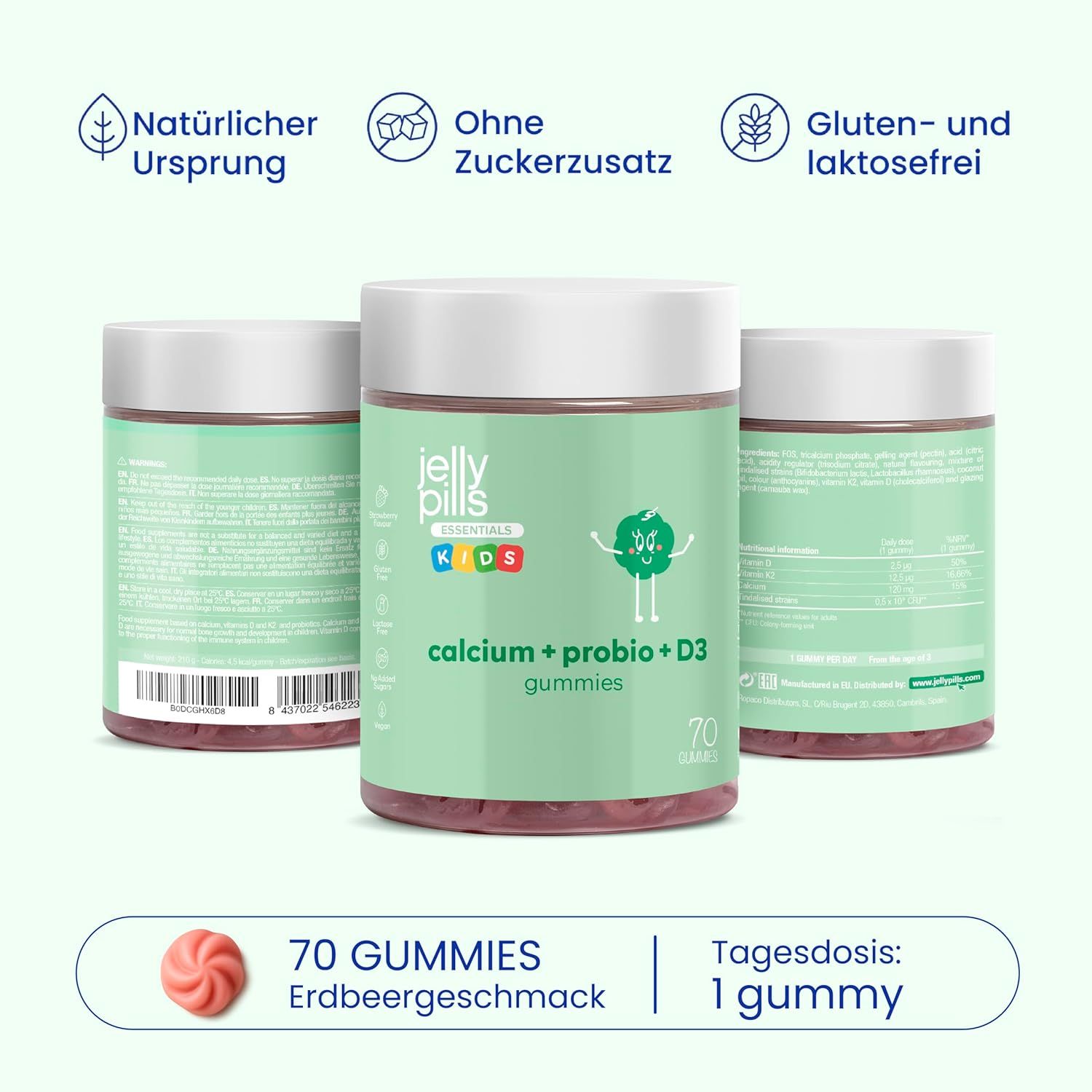 Tre barattoli di Jelly Pills Kids Gummies. Scritta: calcium + probio + D3 gummies. Senza zuccheri aggiunti, senza glutine, senza lattosio.
