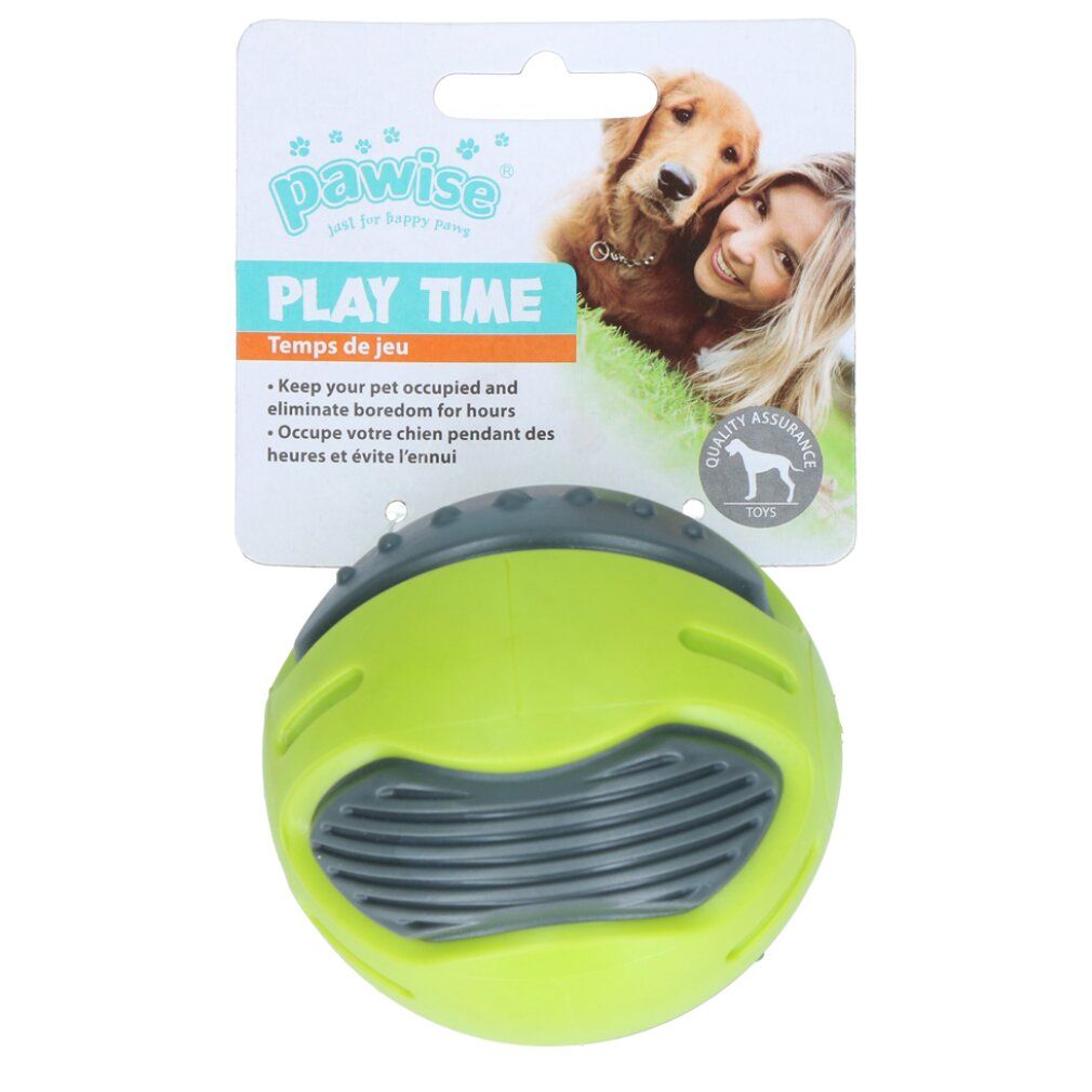 Palla verde e grigia per cani. Logo Pawise e "Play Time" sulla confezione. Marchio di qualità.