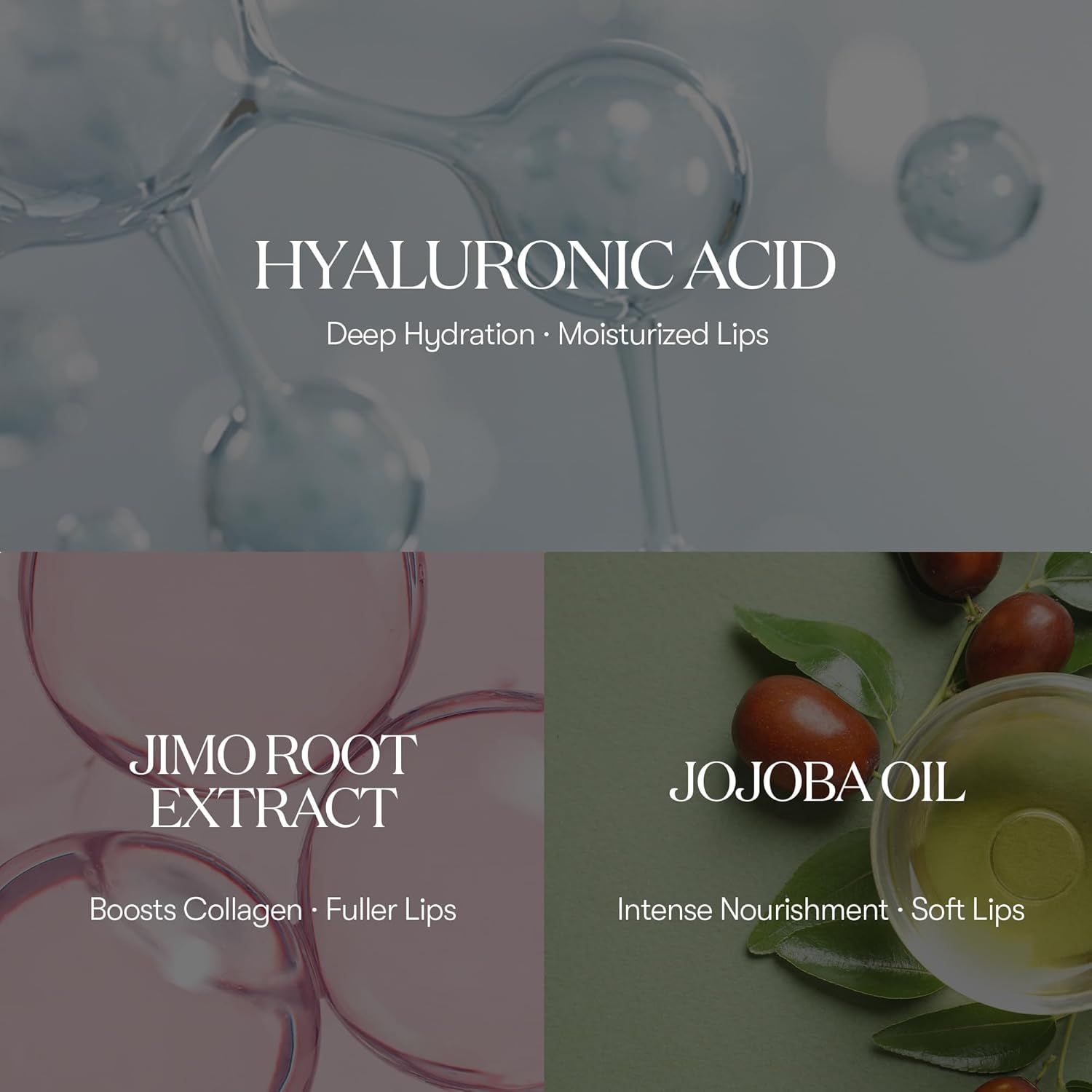 Ingredienti: Acido Ialuronico, Estratto di radice di Jimo, Olio di Jojoba. Testi: Deep Hydration, Boosts Collagen, Intense Nourishment.