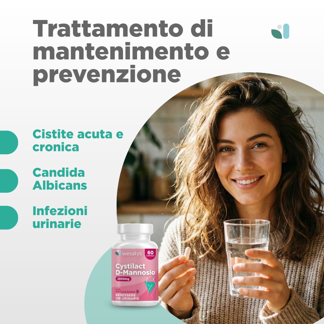 Donna con bicchiere d'acqua e capsula. Accanto, flacone di Cystilact D-Mannosio. Testo su trattamento e prevenzione.