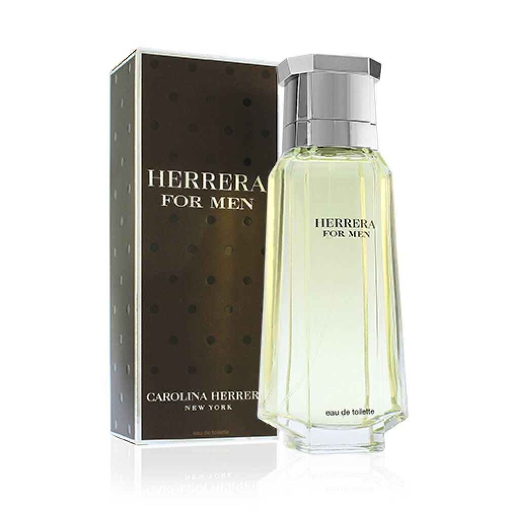 Flacone e confezione di Herrera For Men. Flacone angolare con tappo argentato. Confezione marrone con testo bianco.
