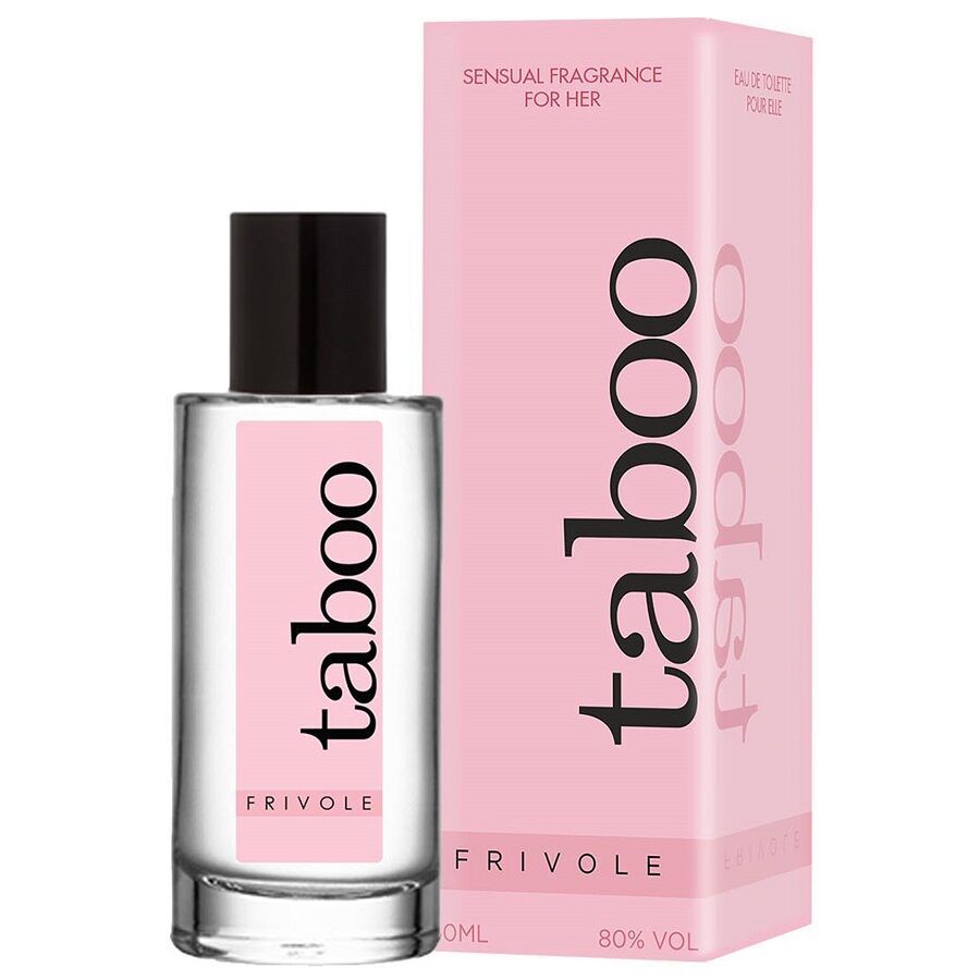 Taboo Frivole Eau de Toilette da donna, 50 ml. Flacone trasparente con etichetta rosa e tappo nero, accanto a una scatola rosa.