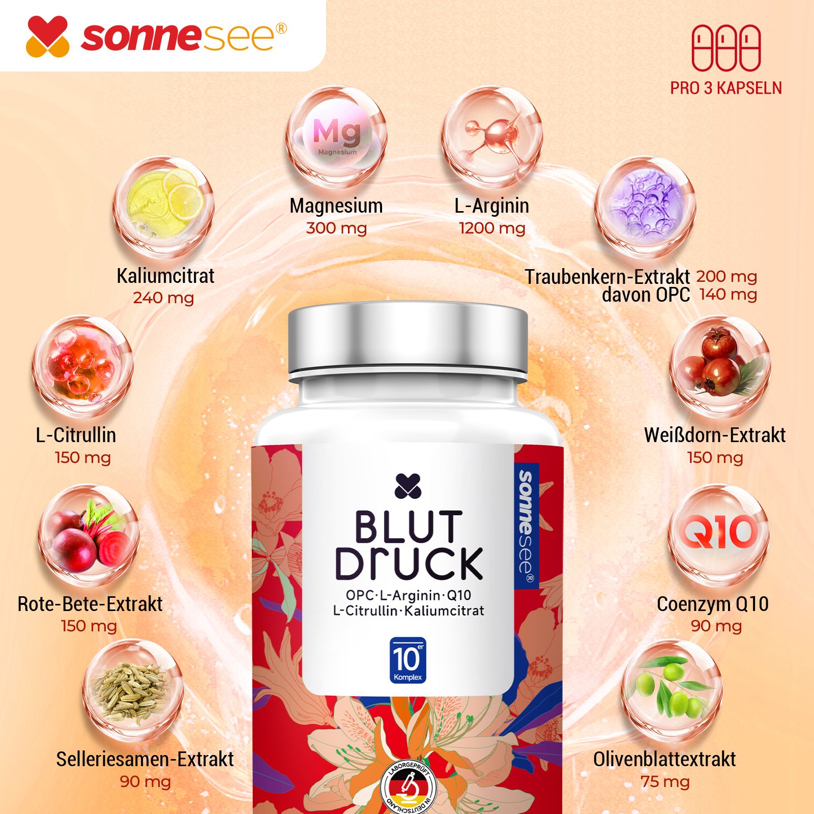 Flacone di integratore alimentare 'Blut Druck' di SonneSee, con dettagli su ingredienti e dosaggio.