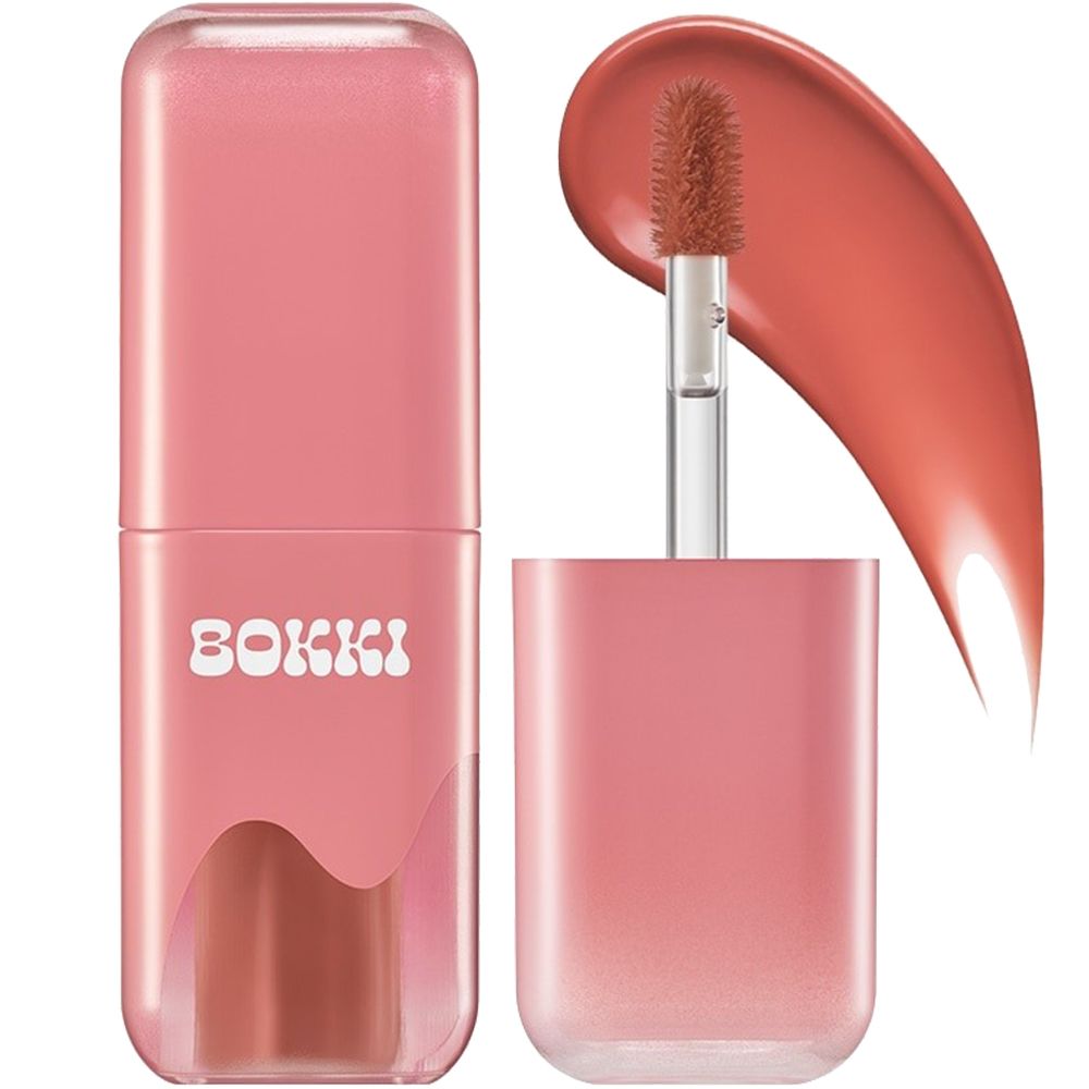 Rossetto rosa con applicatore e campionatura del colore. Scritta "BOKKI". Custodia trasparente.
