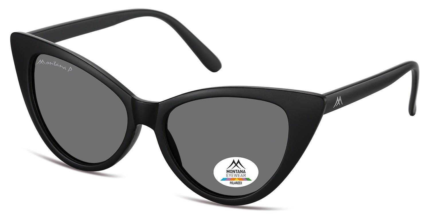 Occhiali da sole neri con lenti grigie, forma a occhi di gatto. Logo Montana Eyewear su asta e lente. Lenti polarizzate.